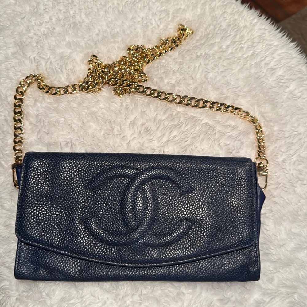 CHANEL Navy Blue Crossbody Bag with Gold Chain